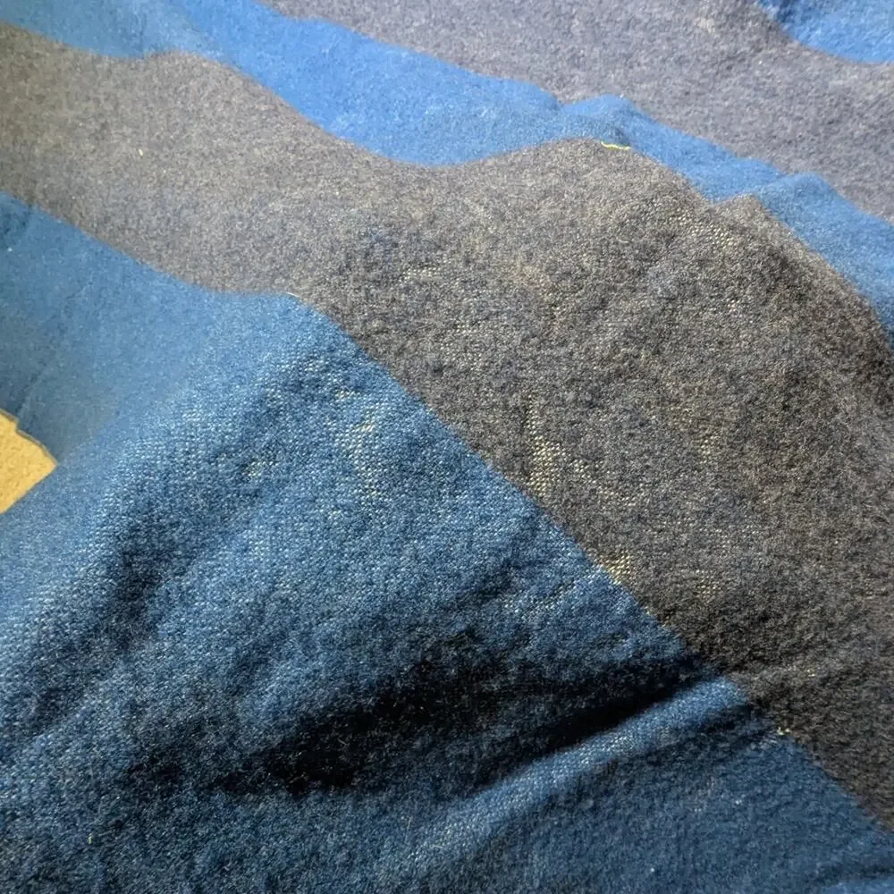 Vtg 1960s Blue Gray Color Block Stripe Wool Camp Throw Blanket 77 x 79